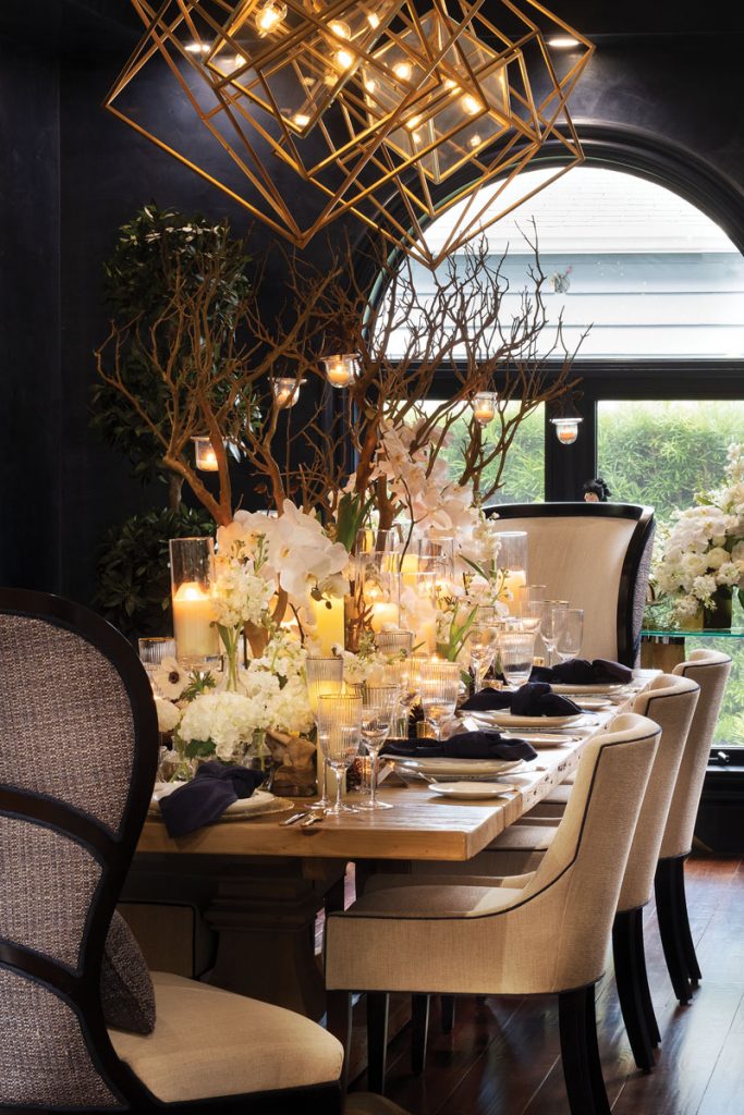 Brittany Madon designed the ivory and gold winter wonder- land–themed dinner table, photo by Jerry Rabinowitz