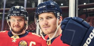 Florida Panthers’ center and team captain Aleksander “Sasha” Barkov and winger Matthew Tkachuk in their home jerseys. Photography by Alexander Aguiar