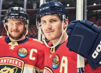 Florida Panthers’ center and team captain Aleksander “Sasha” Barkov and winger Matthew Tkachuk in their home jerseys. Photography by Alexander Aguiar